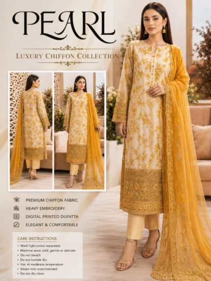 Pearl Luxury Chiffon 3 Piece Embroidered Suit – Mustard & Ivory | Premium Unstitched Collection